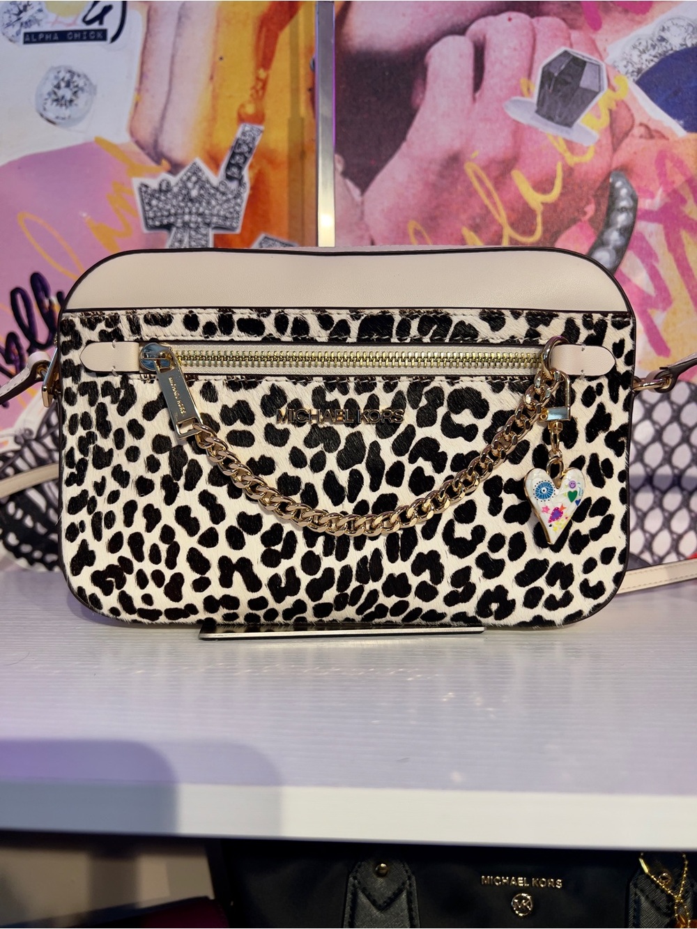 Michael Kors Calf Hair Leopard Print Crossbody with Gold Chain